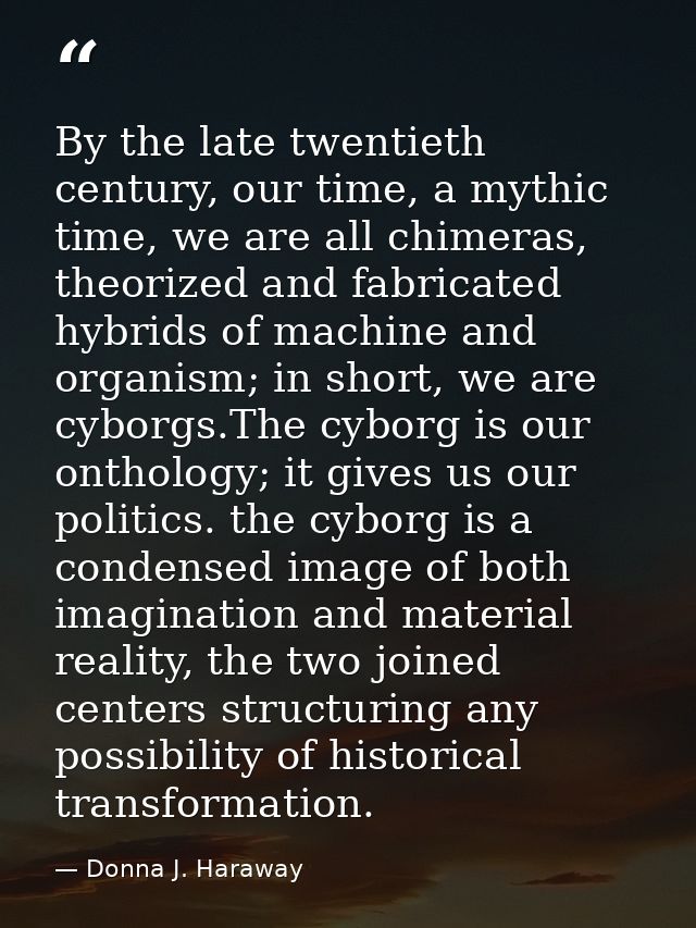 By the late twentieth century, our time, a mythic time, we are all chimeras, theorized and fabricated hybrids of machine — Donna J. Haraway