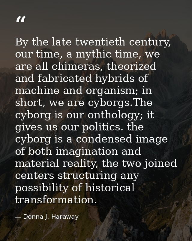 By the late twentieth century, our time, a mythic time, we are all chimeras, theorized and fabricated hybrids of machine — Donna J. Haraway