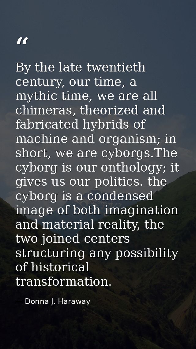 By the late twentieth century, our time, a mythic time, we are all chimeras, theorized and fabricated hybrids of machine — Donna J. Haraway