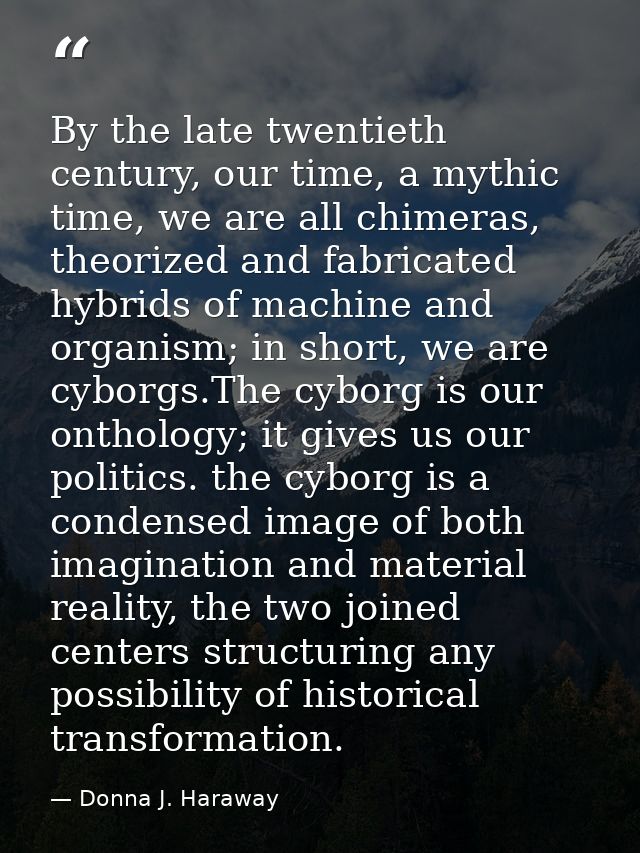 By the late twentieth century, our time, a mythic time, we are all chimeras, theorized and fabricated hybrids of machine — Donna J. Haraway