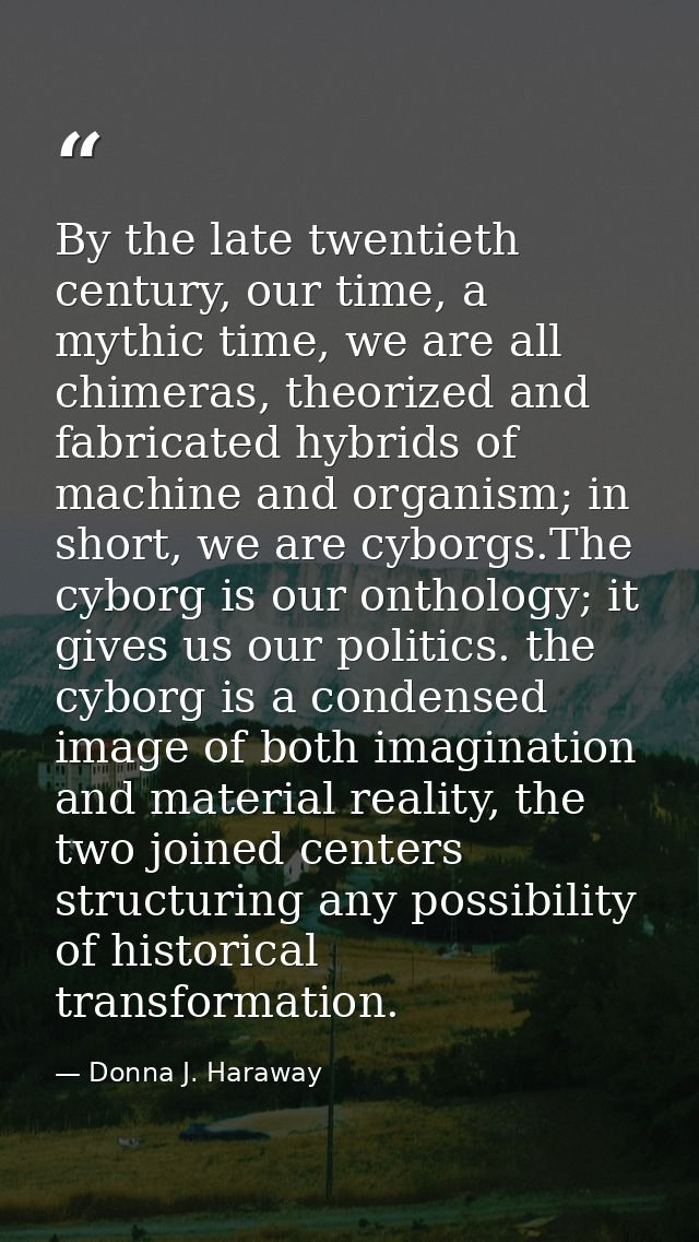 By the late twentieth century, our time, a mythic time, we are all chimeras, theorized and fabricated hybrids of machine — Donna J. Haraway