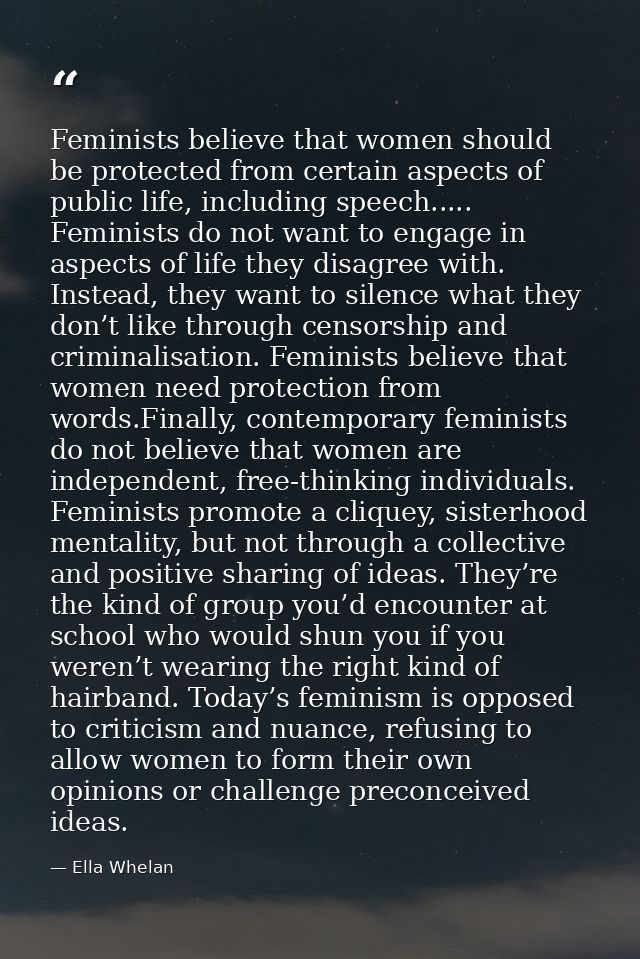 Feminists believe that women should be protected from certain aspects of public life, including speech..... Feminists do — Ella Whelan