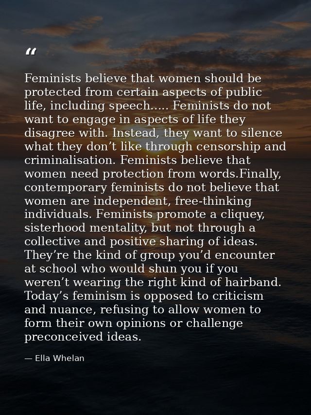 Feminists believe that women should be protected from certain aspects of public life, including speech..... Feminists do — Ella Whelan
