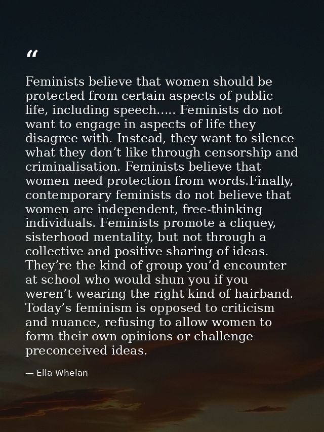 Feminists believe that women should be protected from certain aspects of public life, including speech..... Feminists do — Ella Whelan