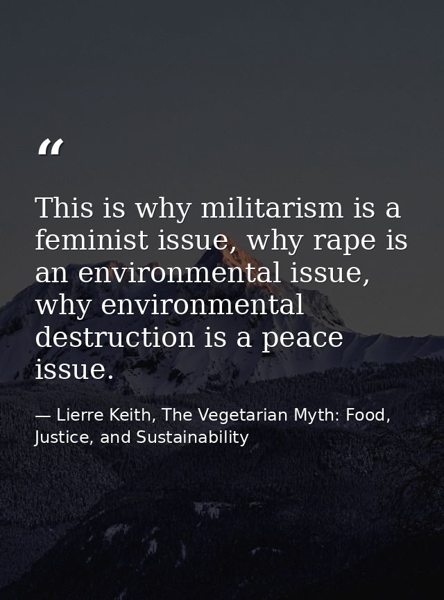 This is why militarism is a feminist issue, why rape is an environmental issue, why environmental destruction is a peace — Lierre Keith, The Vegetarian Myth: Food, Justice, and Sustainability