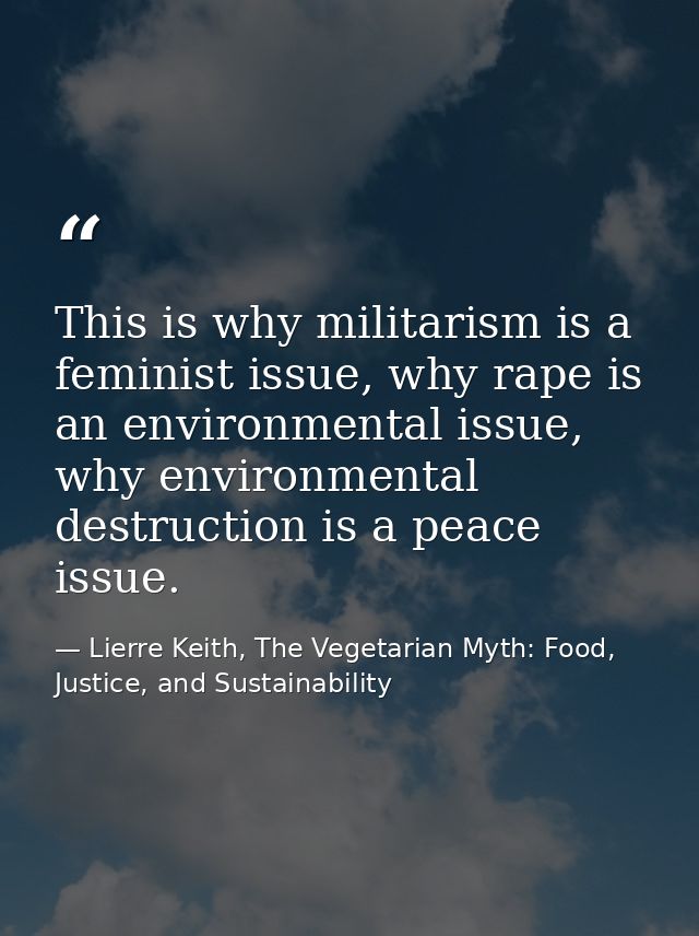 This is why militarism is a feminist issue, why rape is an environmental issue, why environmental destruction is a peace — Lierre Keith, The Vegetarian Myth: Food, Justice, and Sustainability