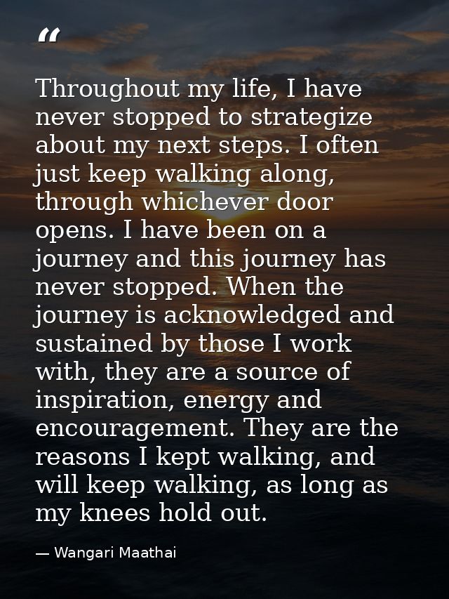 Throughout my life, I have never stopped to strategize about my next steps. I often just keep walking along, through whi — Wangari Maathai