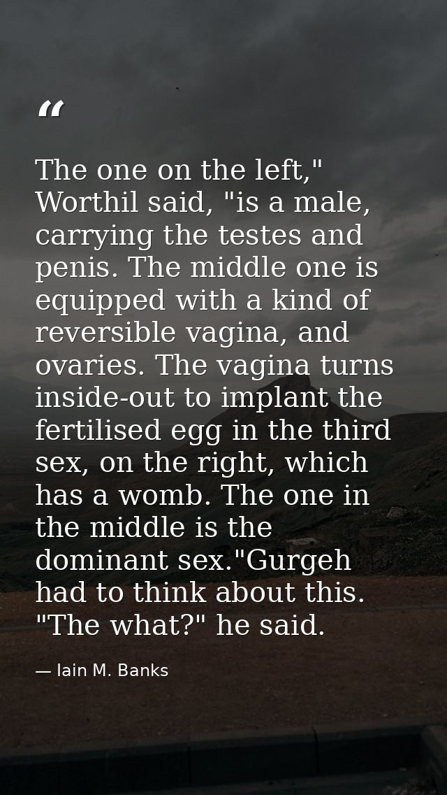 The one on the left," Worthil said, "is a male, carrying the testes and penis. The middle one is equipped with a kind of — Iain M. Banks