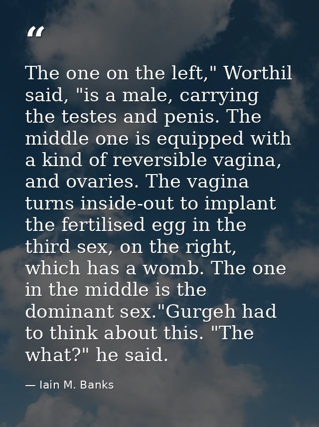 The one on the left," Worthil said, "is a male, carrying the testes and penis. The middle one is equipped with a kind of — Iain M. Banks