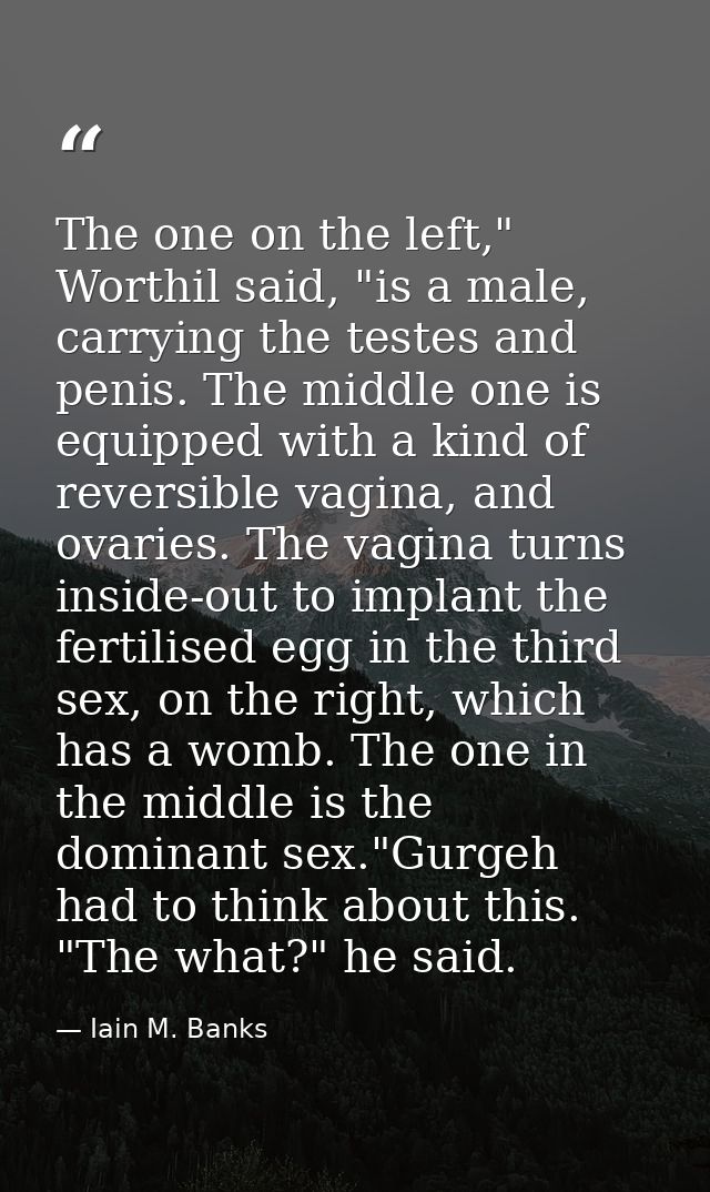 The one on the left," Worthil said, "is a male, carrying the testes and penis. The middle one is equipped with a kind of — Iain M. Banks