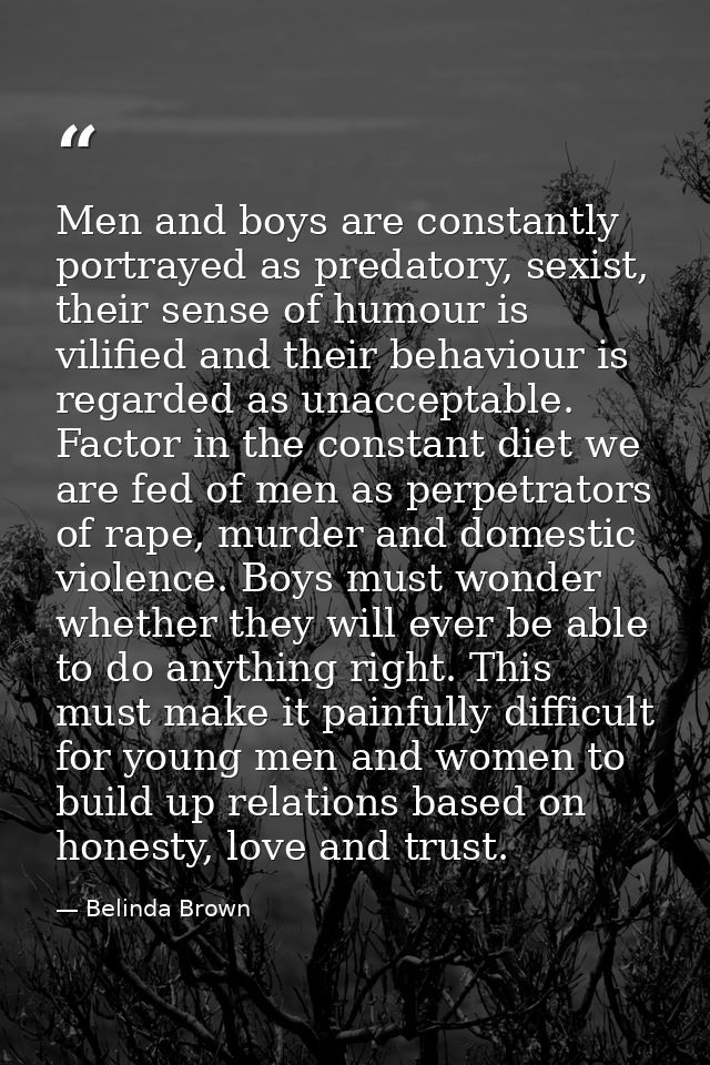 Men and boys are constantly portrayed as predatory, sexist, their sense of humour is vilified and their behaviour is reg — Belinda Brown