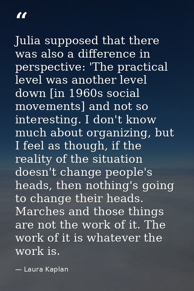 Julia supposed that there was also a difference in perspective: 'The practical level was another level down [in 1960s so — Laura Kaplan