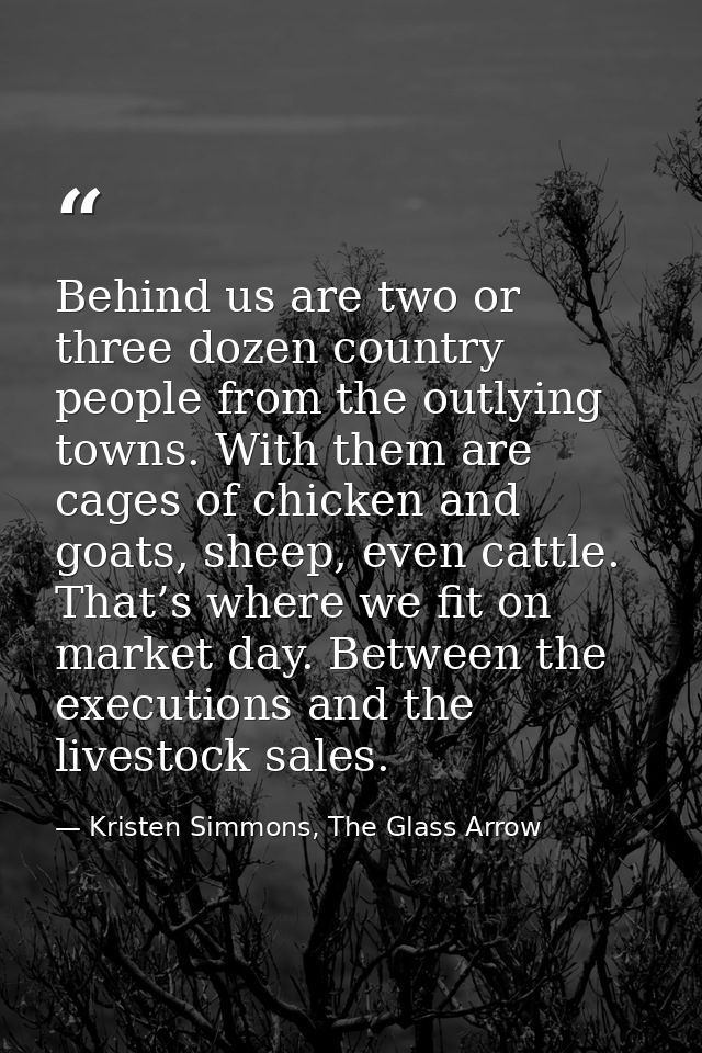 Behind us are two or three dozen country people from the outlying towns. With them are cages of chicken and goats, sheep — Kristen Simmons, The Glass Arrow