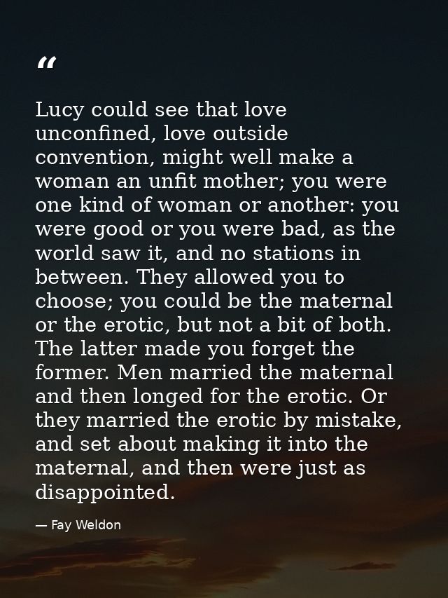 Lucy could see that love unconfined, love outside convention, might well make a woman an unfit mother; you were one kind — Fay Weldon