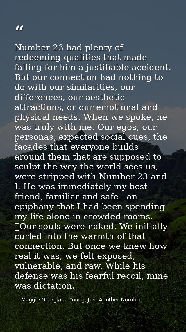 Number 23 had plenty of redeeming qualities that made falling for him a justifiable accident. But our connection had not — Maggie Georgiana Young, Just Another Number