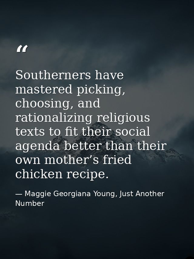 Southerners have mastered picking, choosing, and rationalizing religious texts to fit their social agenda better than th — Maggie Georgiana Young, Just Another Number