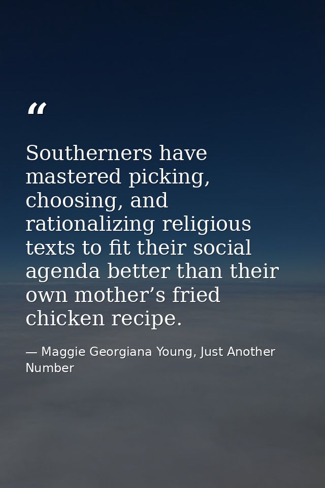 Southerners have mastered picking, choosing, and rationalizing religious texts to fit their social agenda better than th — Maggie Georgiana Young, Just Another Number