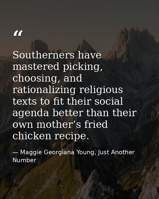 Southerners have mastered picking, choosing, and rationalizing religious texts to fit their social agenda better than th — Maggie Georgiana Young, Just Another Number