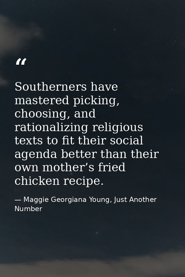 Southerners have mastered picking, choosing, and rationalizing religious texts to fit their social agenda better than th — Maggie Georgiana Young, Just Another Number