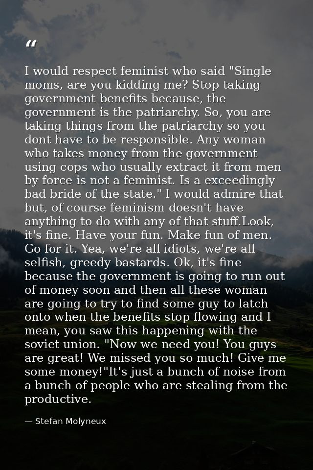 I would respect feminist who said "Single moms, are you kidding me? Stop taking government benefits because, the governm — Stefan Molyneux