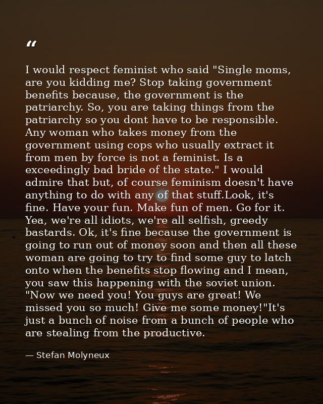 I would respect feminist who said "Single moms, are you kidding me? Stop taking government benefits because, the governm — Stefan Molyneux
