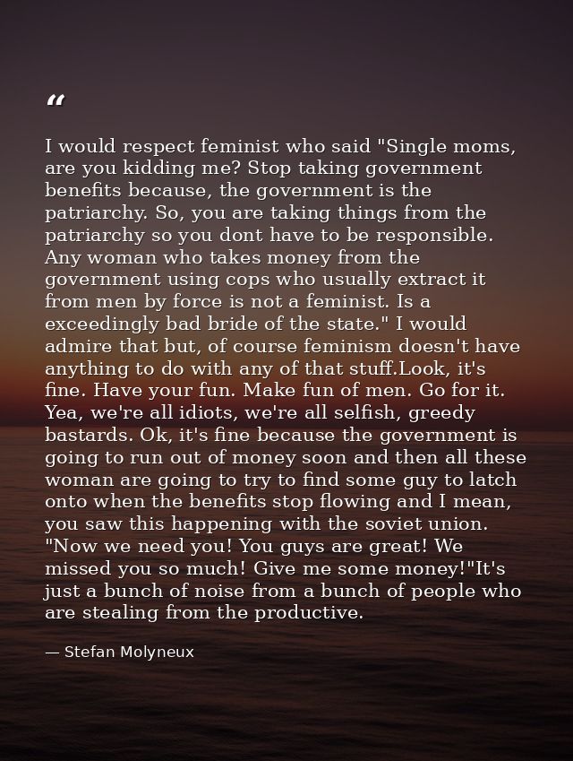 I would respect feminist who said "Single moms, are you kidding me? Stop taking government benefits because, the governm — Stefan Molyneux