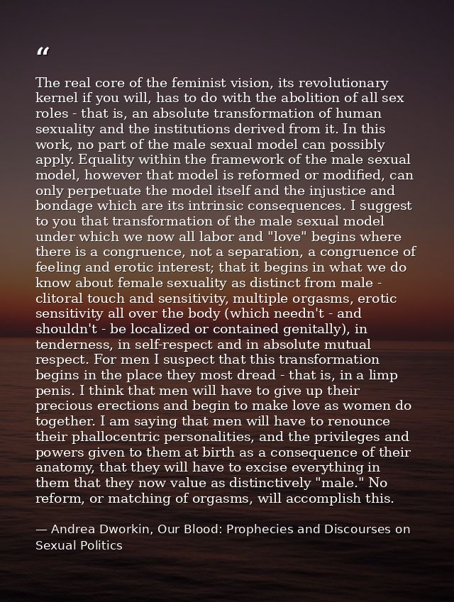 The real core of the feminist vision, its revolutionary kernel if you will, has to do with the abolition of all sex role — Andrea Dworkin, Our Blood: Prophecies and Discourses on Sexual Politics