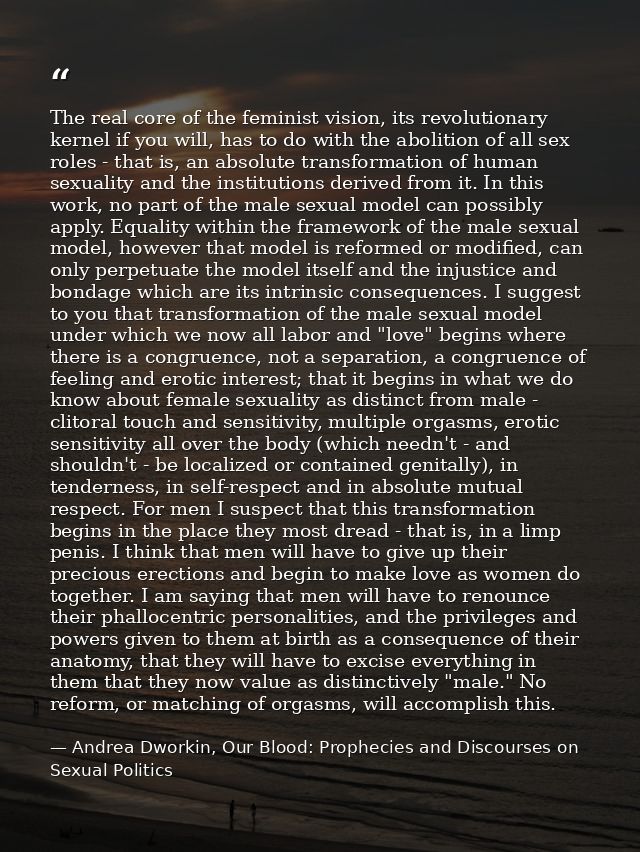 The real core of the feminist vision, its revolutionary kernel if you will, has to do with the abolition of all sex role — Andrea Dworkin, Our Blood: Prophecies and Discourses on Sexual Politics