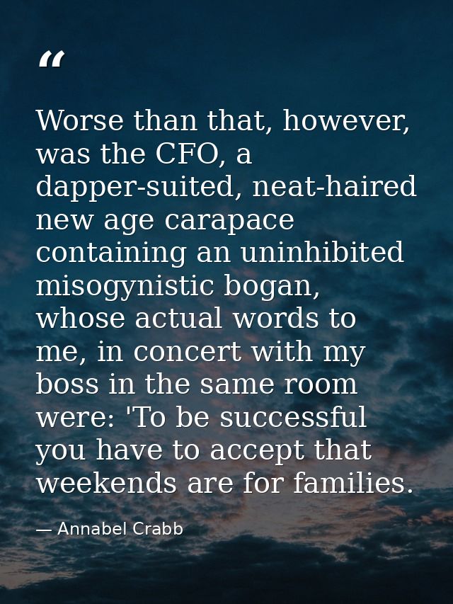 Worse than that, however, was the CFO, a dapper-suited, neat-haired new age carapace containing an uninhibited misogynis — Annabel Crabb