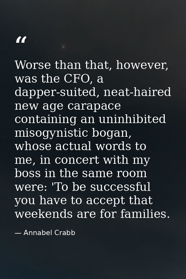 Worse than that, however, was the CFO, a dapper-suited, neat-haired new age carapace containing an uninhibited misogynis — Annabel Crabb
