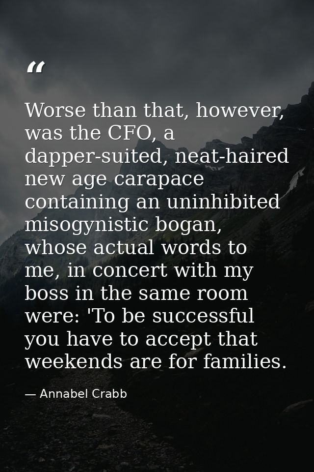 Worse than that, however, was the CFO, a dapper-suited, neat-haired new age carapace containing an uninhibited misogynis — Annabel Crabb