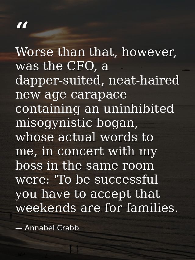 Worse than that, however, was the CFO, a dapper-suited, neat-haired new age carapace containing an uninhibited misogynis — Annabel Crabb