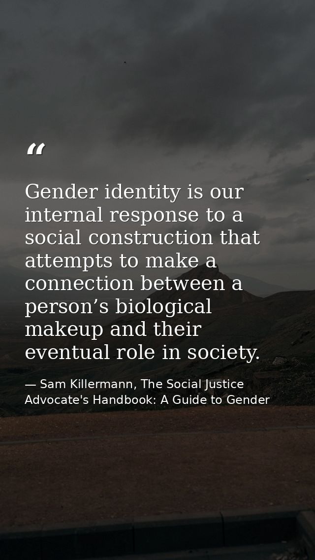 Gender identity is our internal response to a social construction that attempts to make a connection between a person’s  — Sam Killermann, The Social Justice Advocate's Handbook: A Guide to Gender