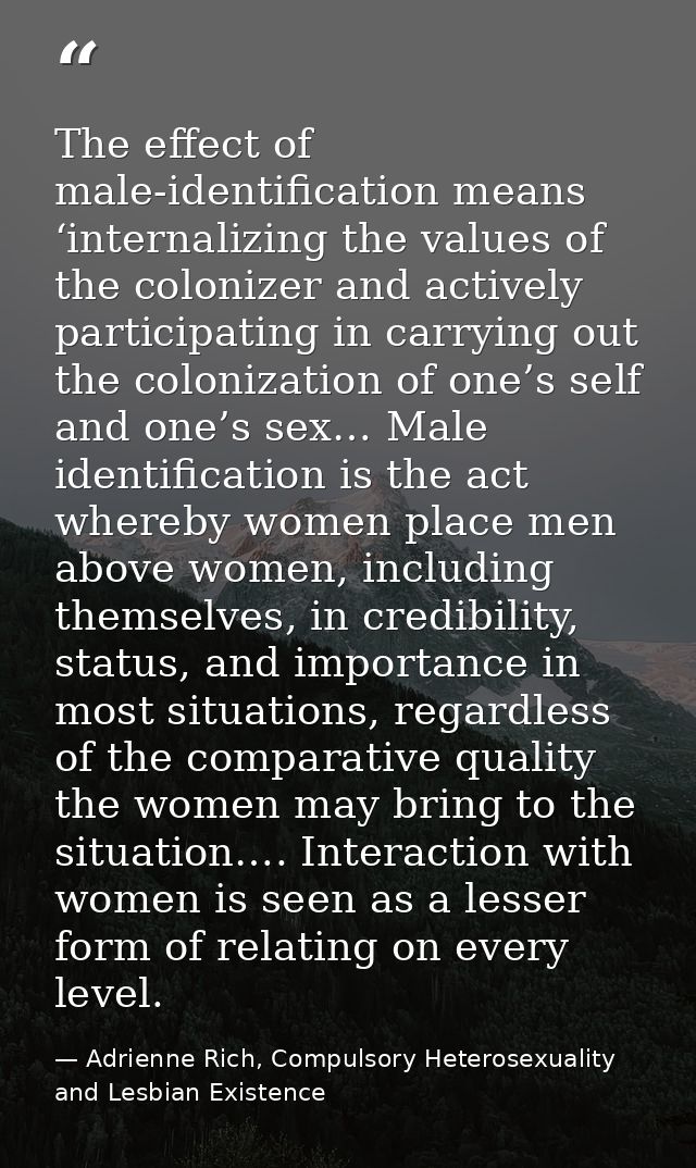 The effect of male-identification means ‘internalizing the values of the colonizer and actively participating in carryin — Adrienne Rich, Compulsory Heterosexuality and Lesbian Existence