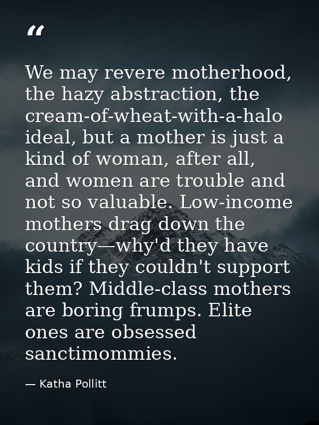 We may revere motherhood, the hazy abstraction, the cream-of-wheat-with-a-halo ideal, but a mother is just a kind of wom — Katha Pollitt