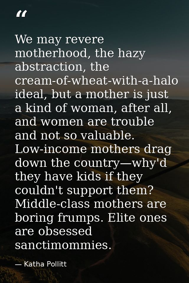 We may revere motherhood, the hazy abstraction, the cream-of-wheat-with-a-halo ideal, but a mother is just a kind of wom — Katha Pollitt