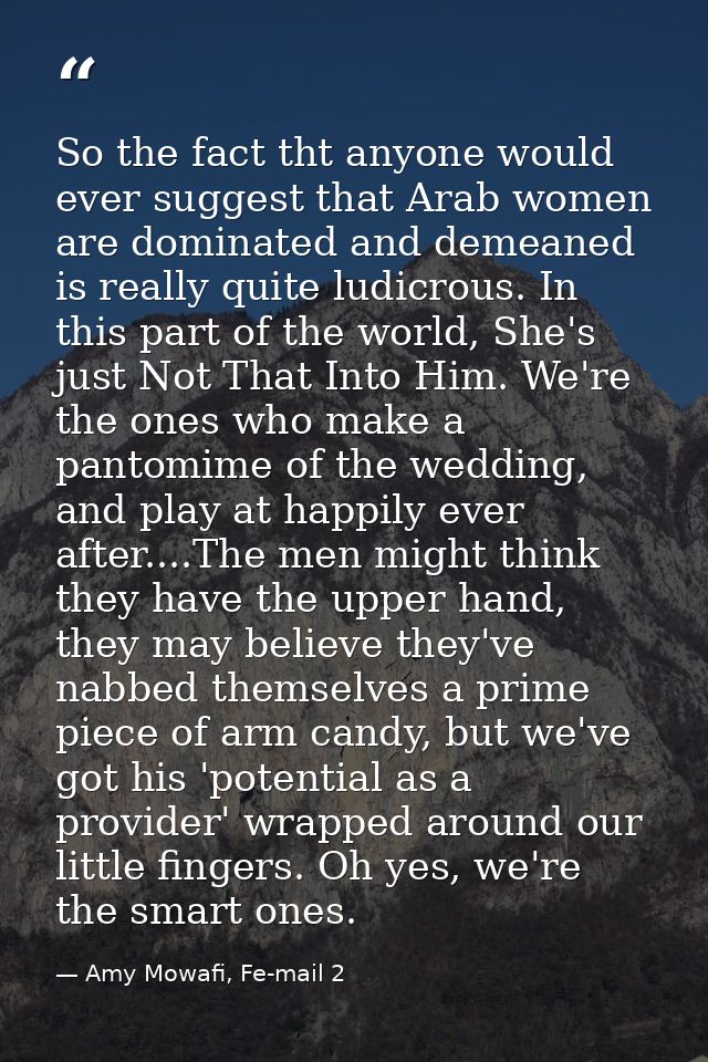 So the fact tht anyone would ever suggest that Arab women are dominated and demeaned is really quite ludicrous. In this  — Amy Mowafi, Fe-mail 2