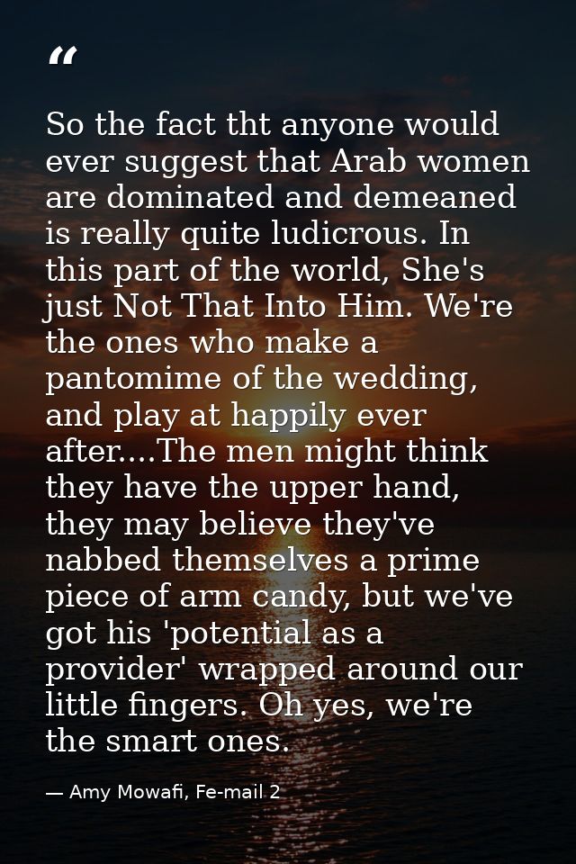 So the fact tht anyone would ever suggest that Arab women are dominated and demeaned is really quite ludicrous. In this  — Amy Mowafi, Fe-mail 2