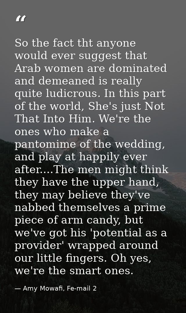 So the fact tht anyone would ever suggest that Arab women are dominated and demeaned is really quite ludicrous. In this  — Amy Mowafi, Fe-mail 2