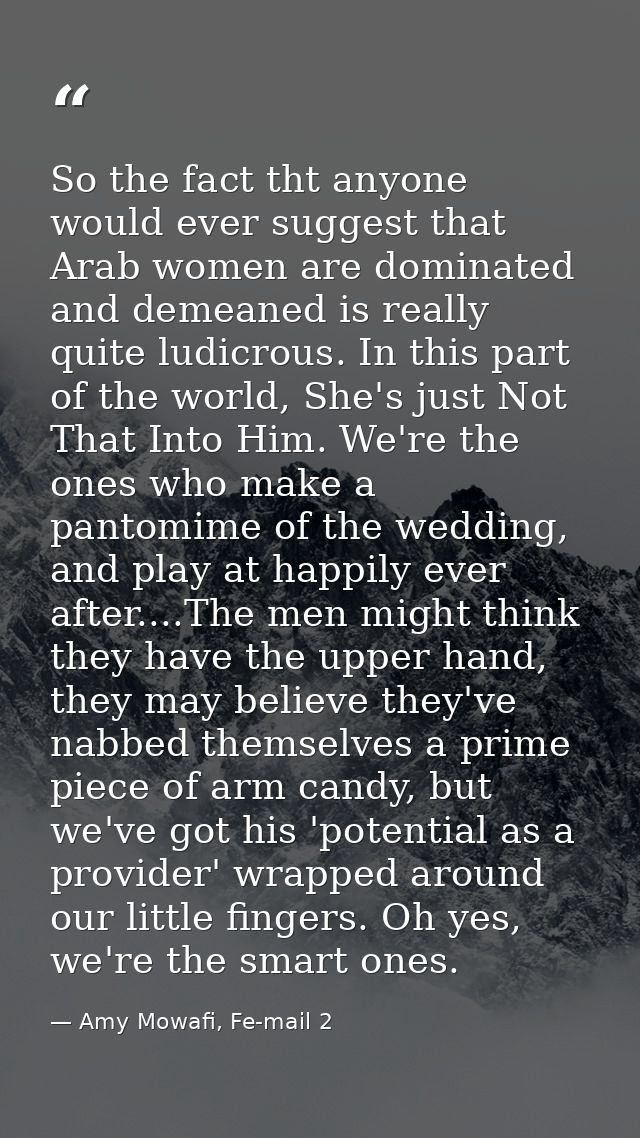 So the fact tht anyone would ever suggest that Arab women are dominated and demeaned is really quite ludicrous. In this  — Amy Mowafi, Fe-mail 2