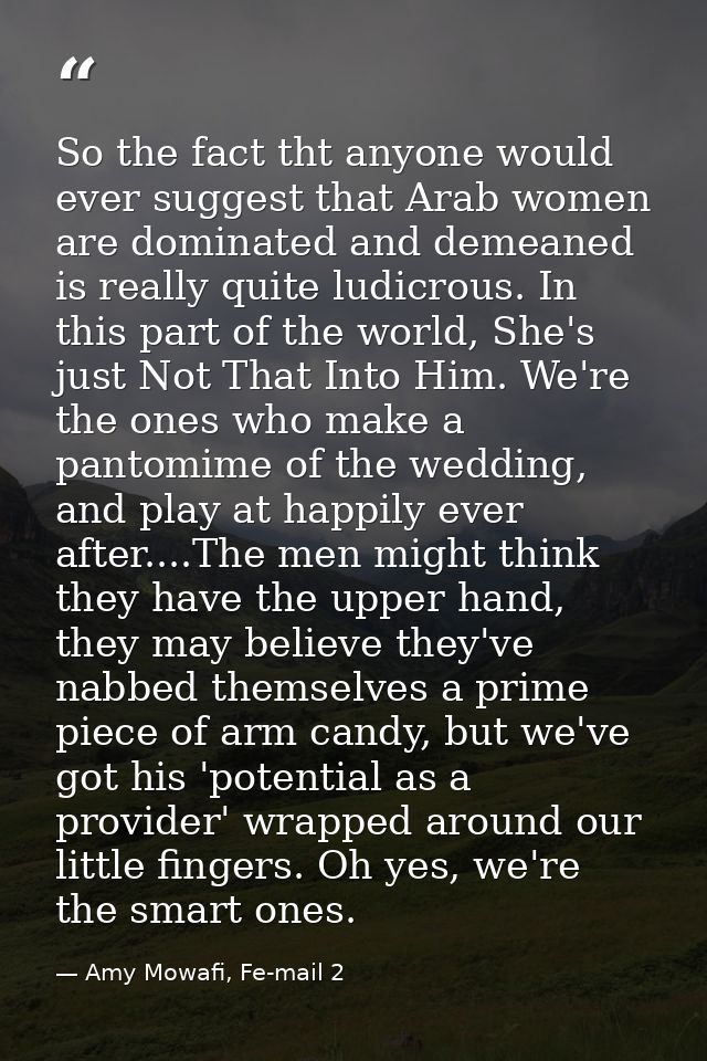 So the fact tht anyone would ever suggest that Arab women are dominated and demeaned is really quite ludicrous. In this  — Amy Mowafi, Fe-mail 2