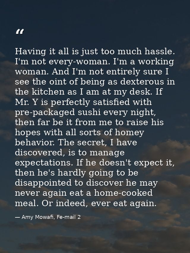Having it all is just too much hassle. I'm not every-woman. I'm a working woman. And I'm not entirely sure I see the oin — Amy Mowafi, Fe-mail 2