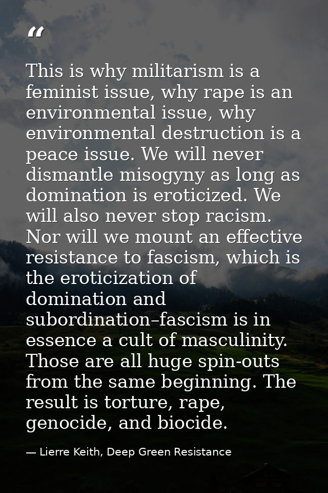 This is why militarism is a feminist issue, why rape is an environmental issue, why environmental destruction is a peace — Lierre Keith, Deep Green Resistance