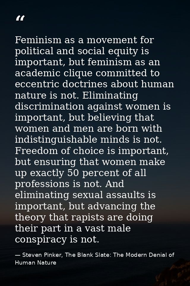 Feminism as a movement for political and social equity is important, but feminism as an academic clique committed to ecc — Steven Pinker, The Blank Slate: The Modern Denial of Human Nature
