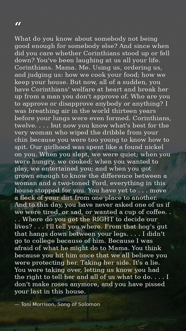 What do you know about somebody not being good enough for somebody else? And since when did you care whether Corinthians — Toni Morrison, Song of Solomon