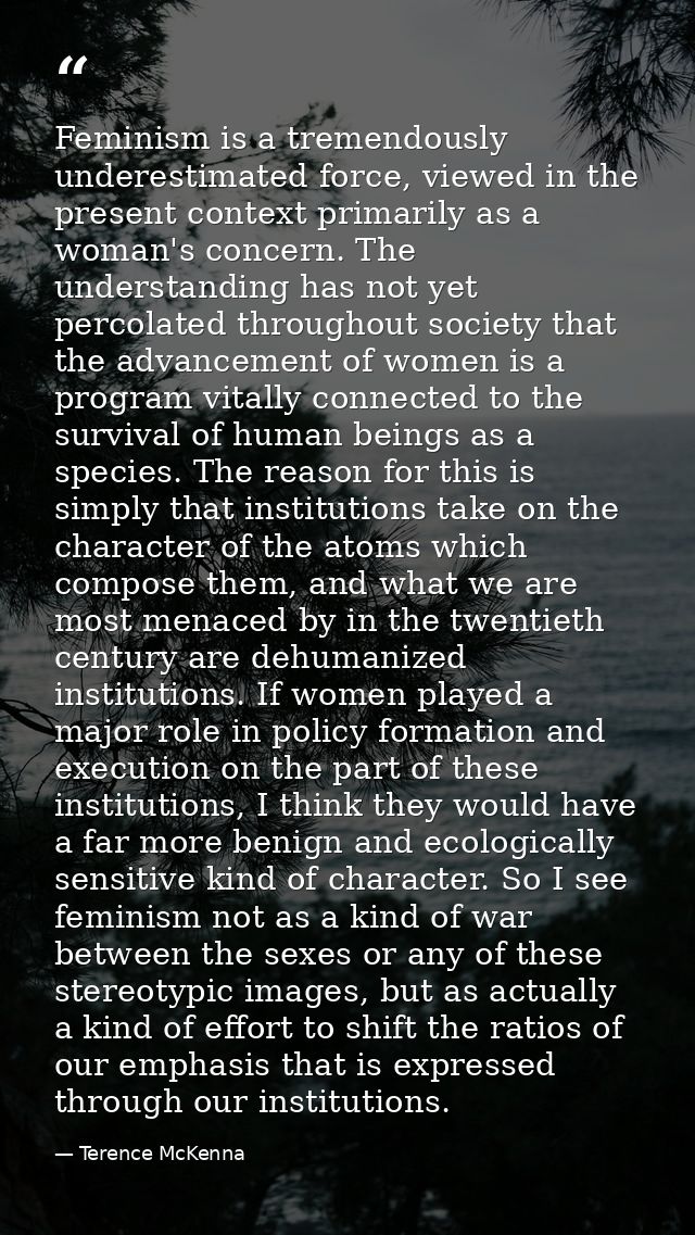 Feminism is a tremendously underestimated force, viewed in the present context primarily as a woman's concern. The under — Terence McKenna