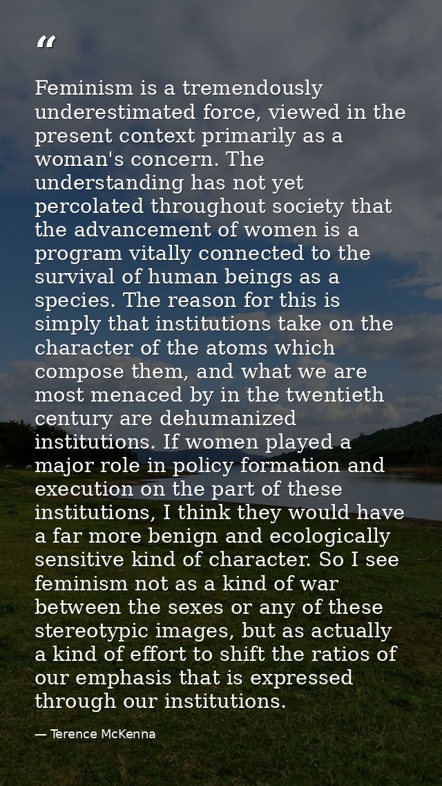 Feminism is a tremendously underestimated force, viewed in the present context primarily as a woman's concern. The under — Terence McKenna