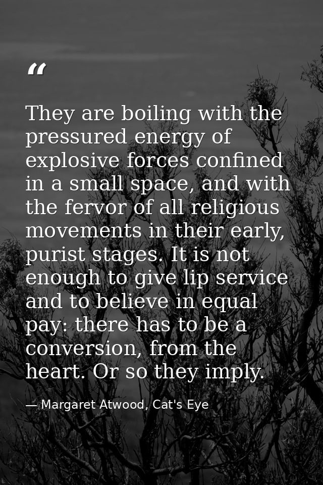 They are boiling with the pressured energy of explosive forces confined in a small space, and with the fervor of all rel — Margaret Atwood, Cat's Eye