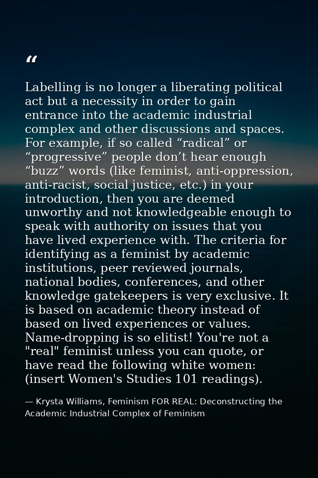 Labelling is no longer a liberating political act but a necessity in order to gain entrance into the academic industrial — Krysta Williams, Feminism FOR REAL: Deconstructing the Academic Industrial Complex of Feminism