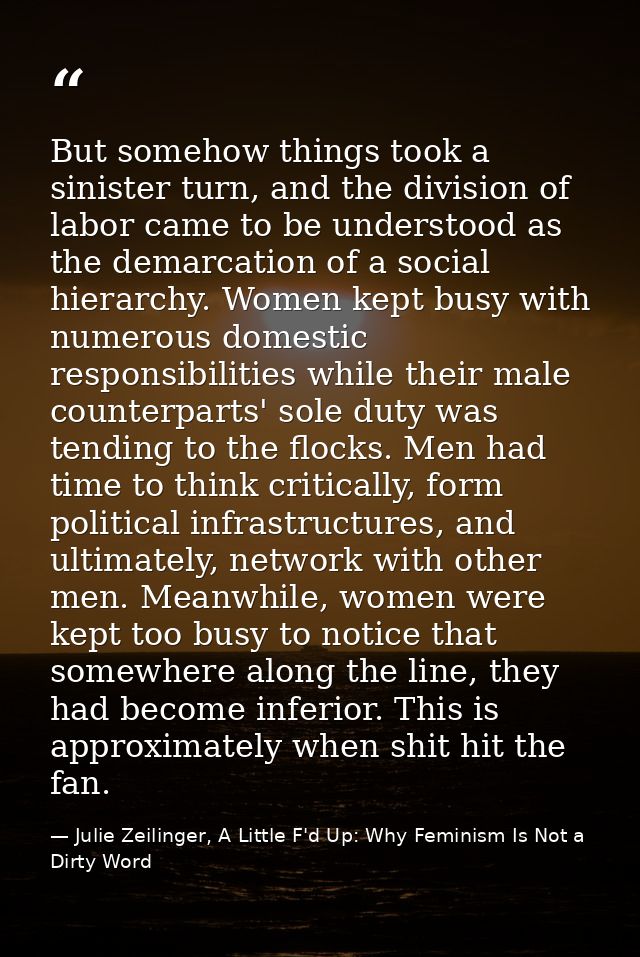 But somehow things took a sinister turn, and the division of labor came to be understood as the demarcation of a social  — Julie Zeilinger, A Little F'd Up: Why Feminism Is Not a Dirty Word